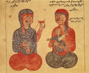 The Sister of Ovanes and her Follower Spinning Wool, from a Gospel
